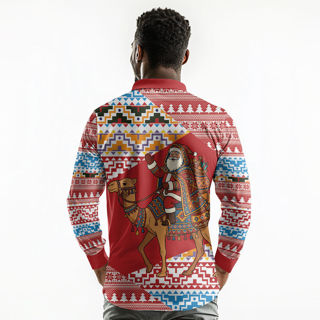 Morocco Christmas Santa Dromedary Camel Long Sleeve Polo Shirt Berber Amazigh Geometric Motifs