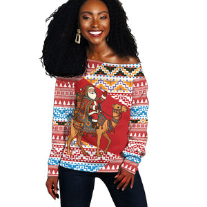 Morocco Christmas Santa Dromedary Camel Off Shoulder Sweater Berber Amazigh Geometric Motifs