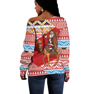Morocco Christmas Santa Dromedary Camel Off Shoulder Sweater Berber Amazigh Geometric Motifs