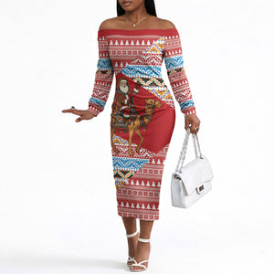 Morocco Christmas Santa Dromedary Camel Off The Shoulder Long Sleeve Dress Berber Amazigh Geometric Motifs