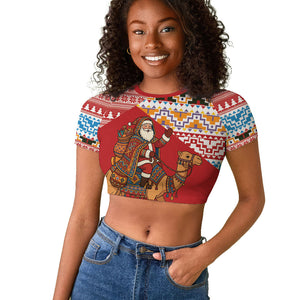 Morocco Christmas Santa Dromedary Camel Raglan Cropped T shirt Berber Amazigh Geometric Motifs