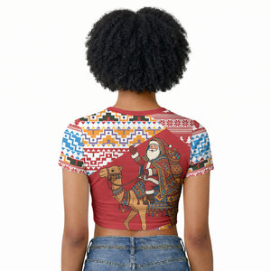 Morocco Christmas Santa Dromedary Camel Raglan Cropped T shirt Berber Amazigh Geometric Motifs