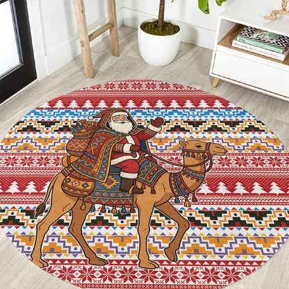 Morocco Christmas Santa Dromedary Camel Round Carpet Berber Amazigh Geometric Motifs