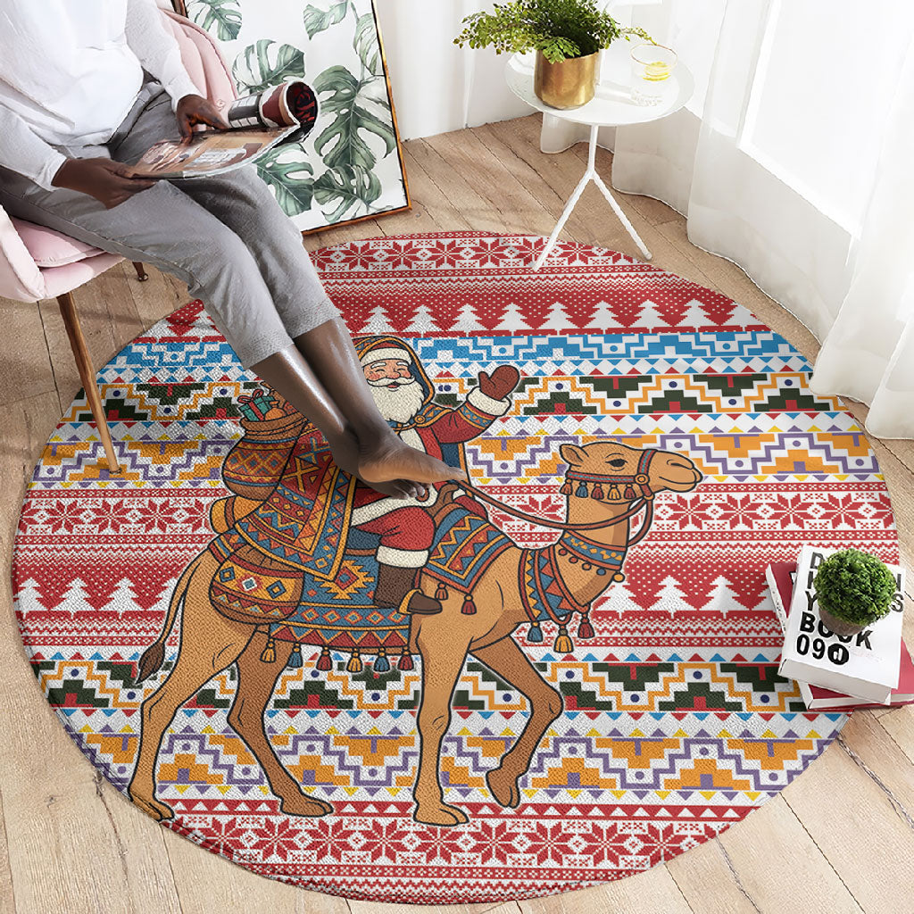 Morocco Christmas Santa Dromedary Camel Round Carpet Berber Amazigh Geometric Motifs