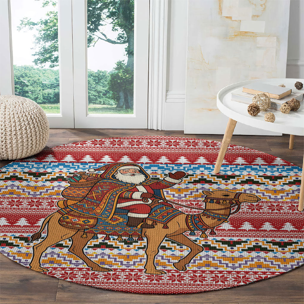 Morocco Christmas Santa Dromedary Camel Round Carpet Berber Amazigh Geometric Motifs