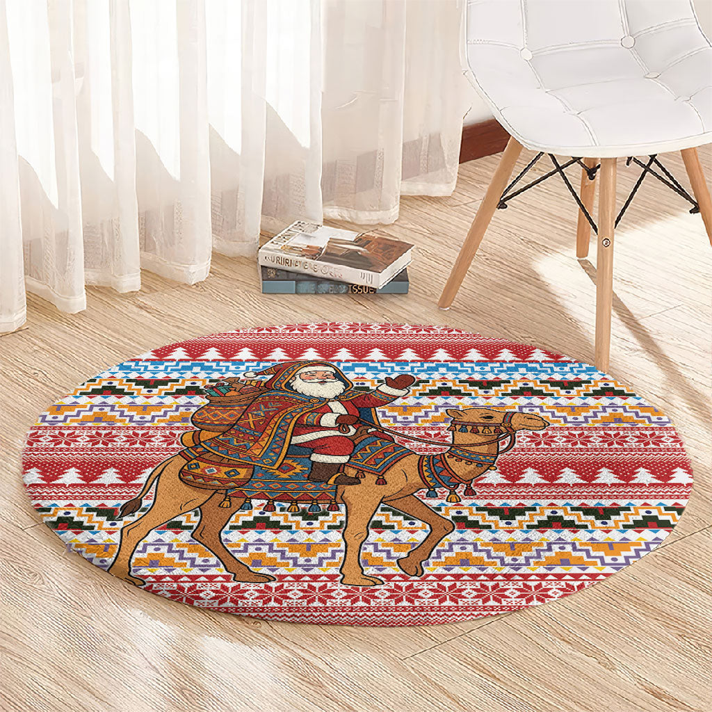 Morocco Christmas Santa Dromedary Camel Round Carpet Berber Amazigh Geometric Motifs