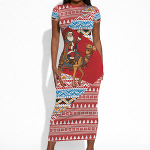 Morocco Christmas Santa Dromedary Camel Short Sleeve Bodycon Dress Berber Amazigh Geometric Motifs