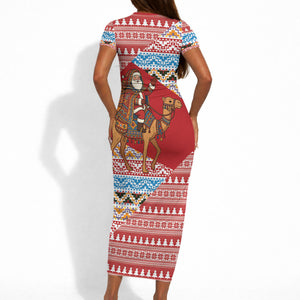 Morocco Christmas Santa Dromedary Camel Short Sleeve Bodycon Dress Berber Amazigh Geometric Motifs