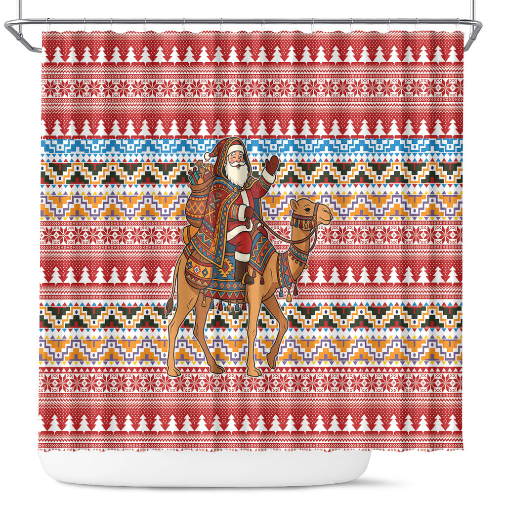 Morocco Christmas Santa Dromedary Camel Shower Curtain Berber Amazigh Geometric Motifs