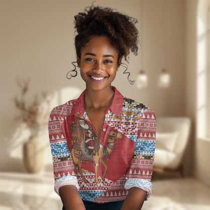Morocco Christmas Santa Dromedary Camel Women Casual Shirt Berber Amazigh Geometric Motifs