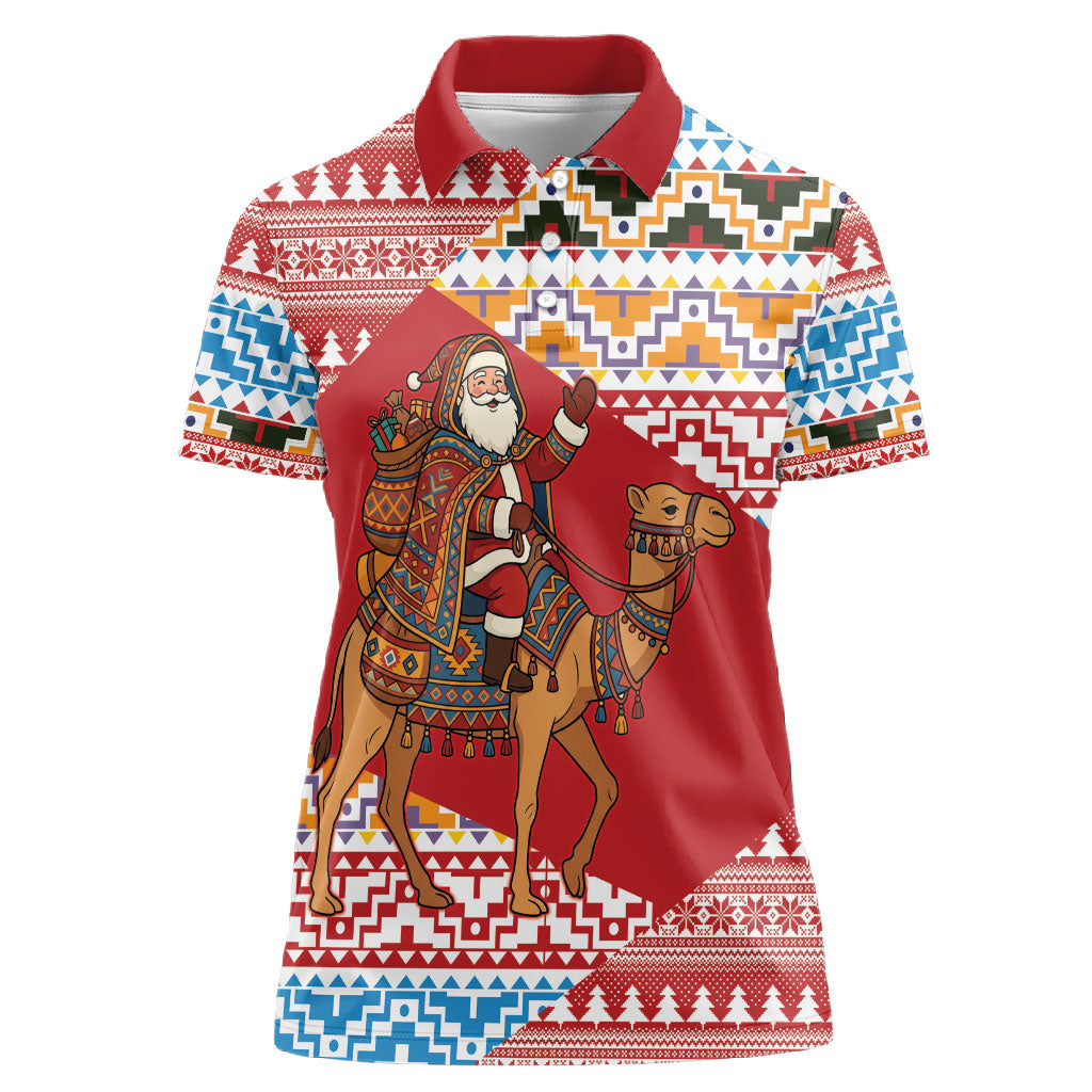 Morocco Christmas Santa Dromedary Camel Women Polo Shirt Berber Amazigh Geometric Motifs