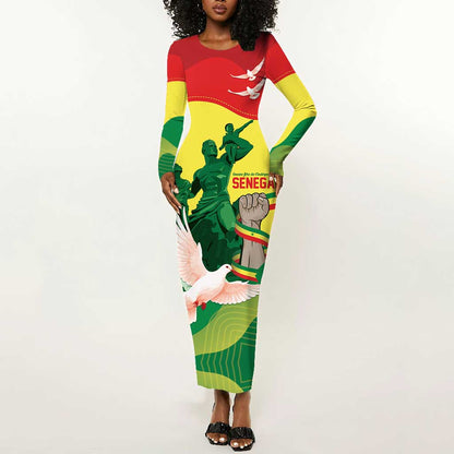 Personalized Senegal Independence Day Long Sleeve Bodycon Dress African Renaissance Monument