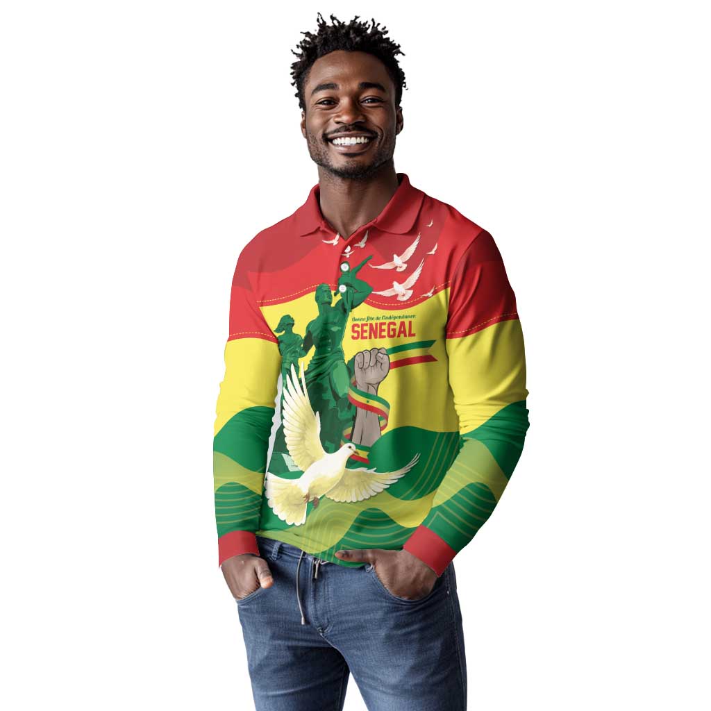 Personalized Senegal Independence Day Long Sleeve Polo Shirt African Renaissance Monument