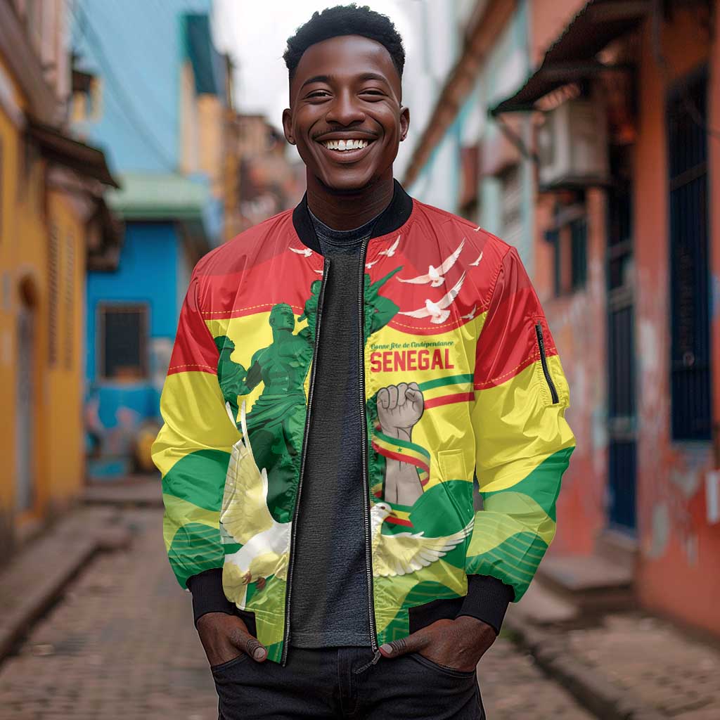Personalized Senegal Independence Day Sleeve Zip Bomber Jacket African Renaissance Monument