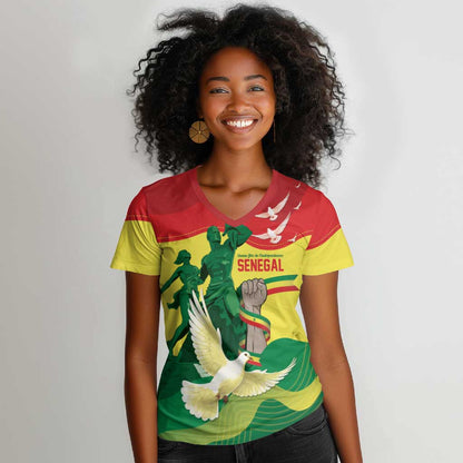Personalized Senegal Independence Day Women V-Neck T-Shirt African Renaissance Monument