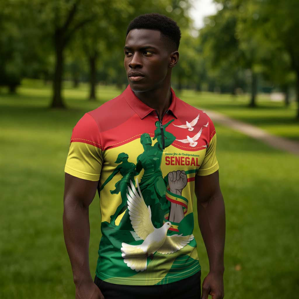 Personalized Senegal Independence Day Zipper Polo Shirt African Renaissance Monument