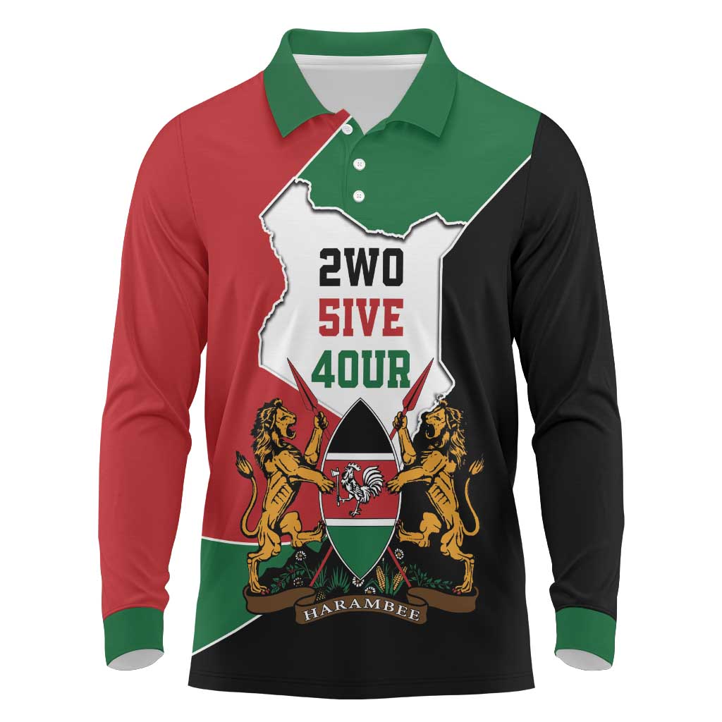 Kenya 254 Long Sleeve Polo Shirt Kenyan Flag Map Double Lion Shield - African Pride