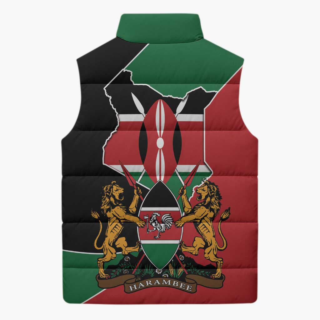 Kenya 254 Sleeveless Puffer Jacket Kenyan Flag Map Double Lion Shield