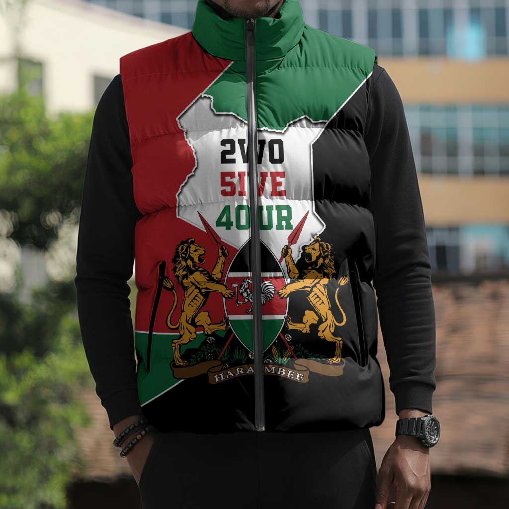 Kenya 254 Sleeveless Puffer Jacket Kenyan Flag Map Double Lion Shield