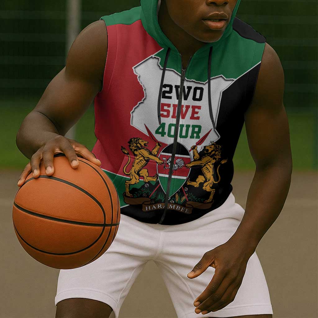Kenya 254 Sleeveless Zip Hoodie Kenyan Flag Map Double Lion Shield - African Pride