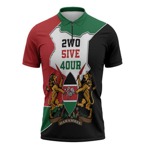 Kenya 254 Zipper Polo Shirt Kenyan Flag Map Double Lion Shield