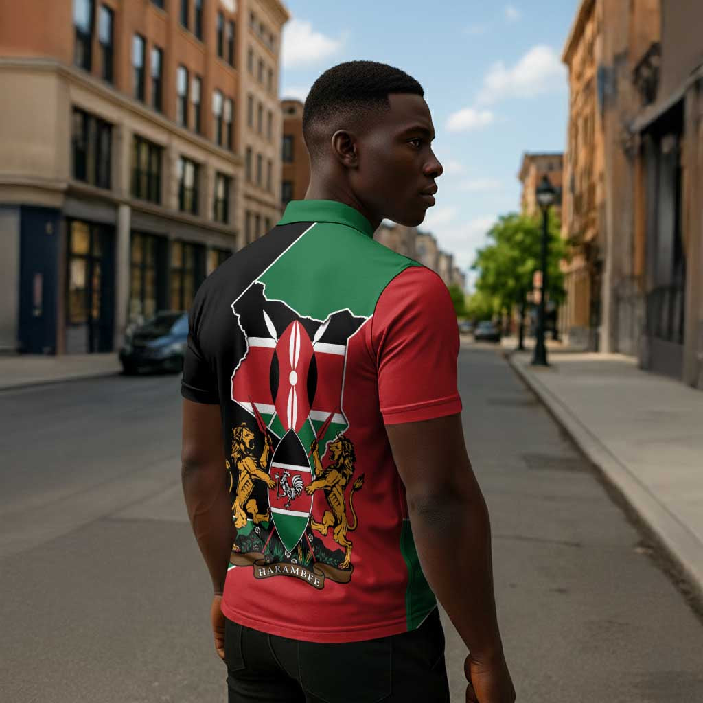 Kenya 254 Zipper Polo Shirt Kenyan Flag Map Double Lion Shield