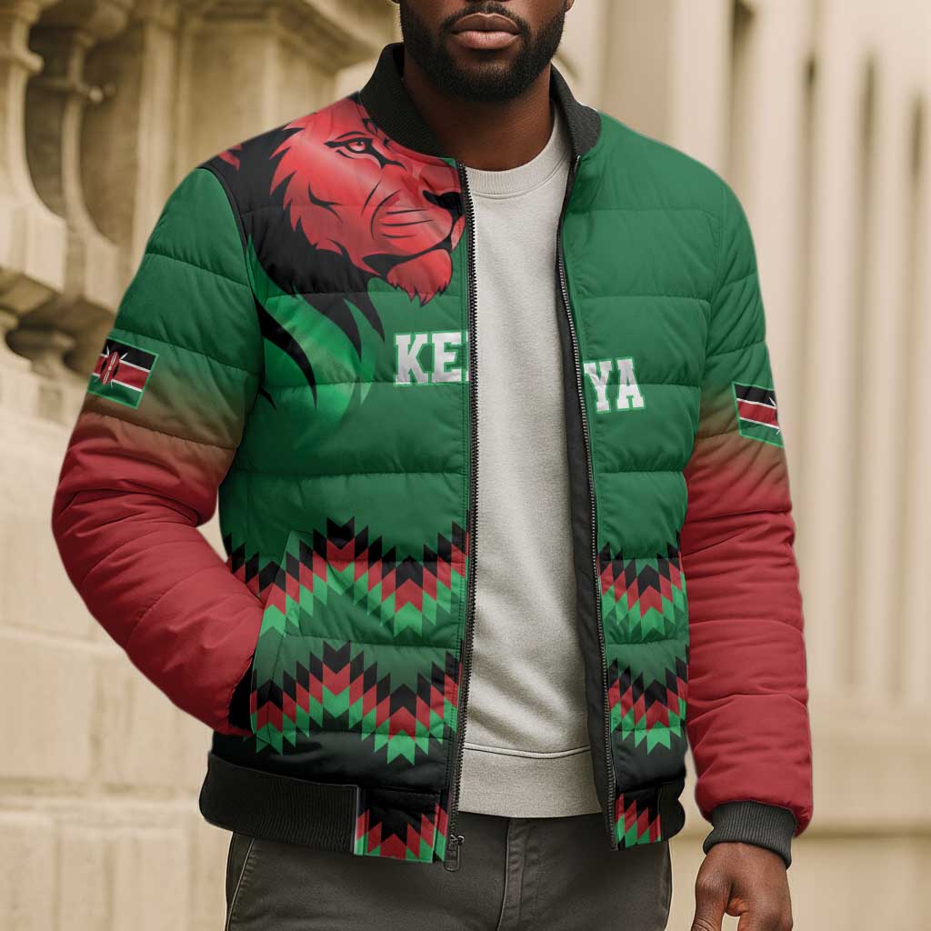 Custom Cricket Africa Kenya Bomber Puffer Jacket Green Lion Head Kenyan Pattern