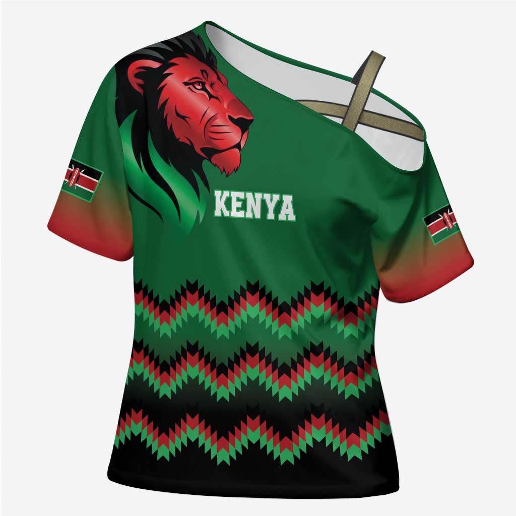 Custom Cricket Africa Kenya Cross Shoulder Shirt Green Lion Head Kenyan Pattern