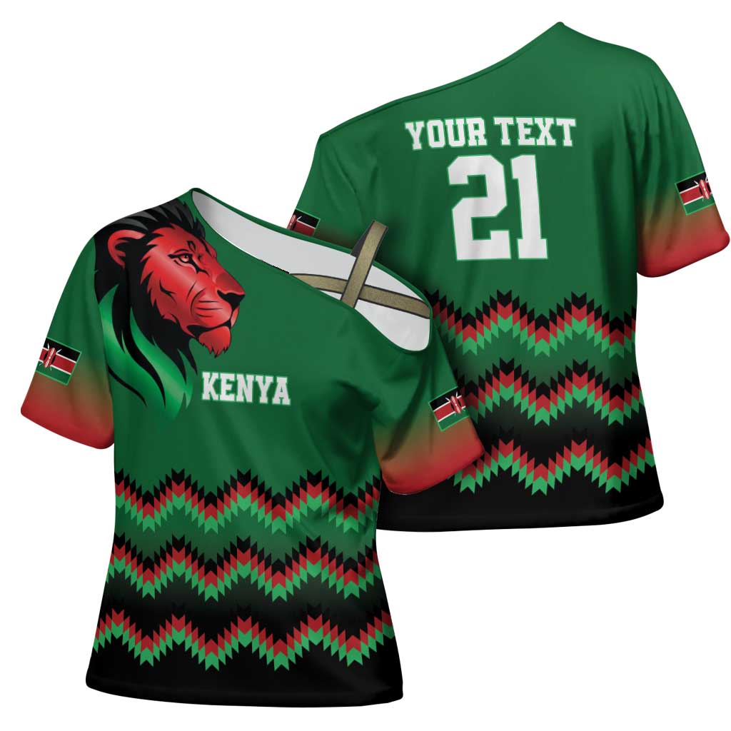 Custom Cricket Africa Kenya Cross Shoulder Shirt Green Lion Head Kenyan Pattern
