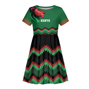Custom Cricket Africa Kenya Kid Short Sleeve Dress Green Lion Head with Kenyan Pattern - African Pride