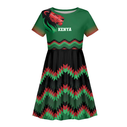 Custom Cricket Africa Kenya Kid Short Sleeve Dress Green Lion Head with Kenyan Pattern - African Pride