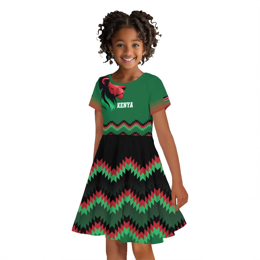 Custom Cricket Africa Kenya Kid Short Sleeve Dress Green Lion Head with Kenyan Pattern - African Pride