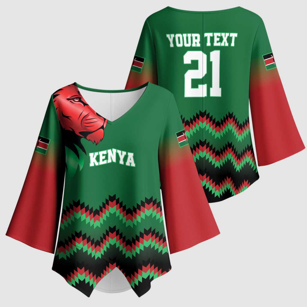 Custom Cricket Africa Kenya Kimono Sleeve Blouse Green Lion Head Kenyan Pattern