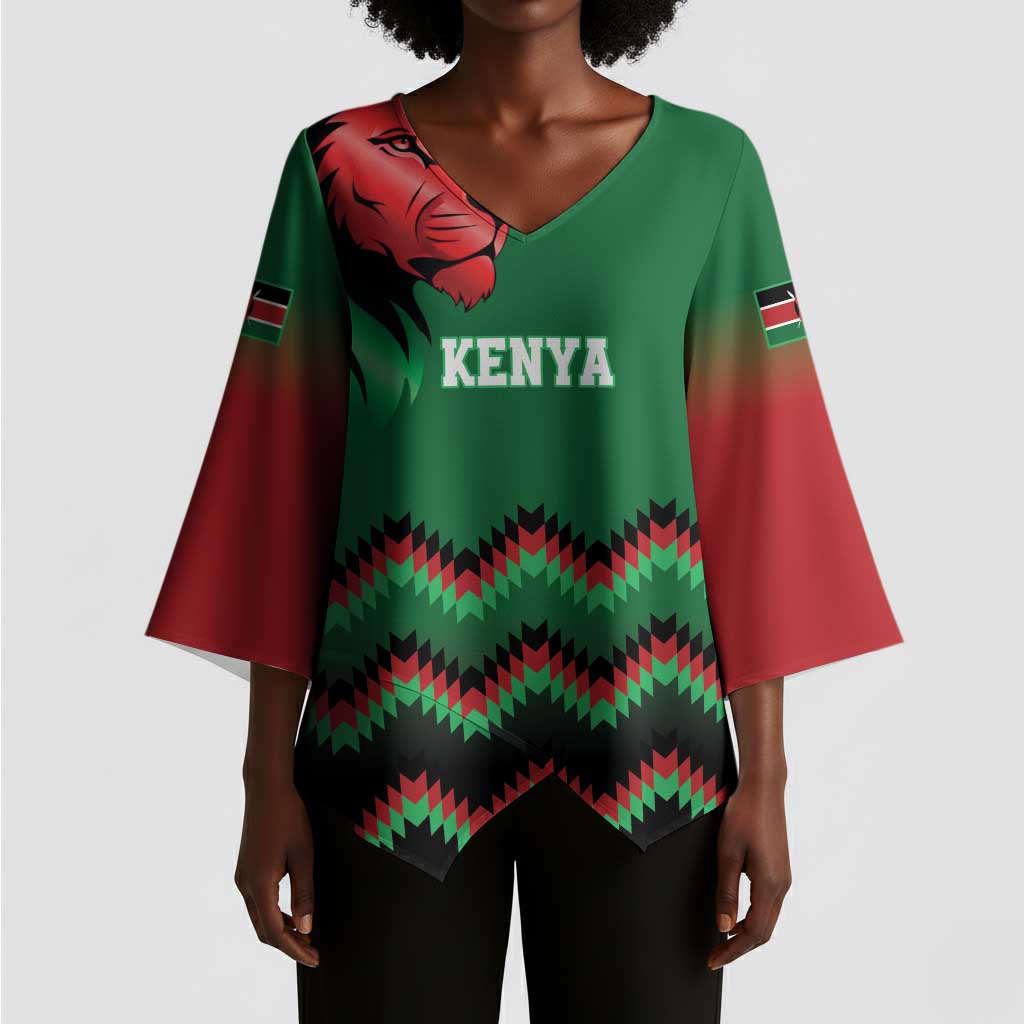 Custom Cricket Africa Kenya Kimono Sleeve Blouse Green Lion Head Kenyan Pattern