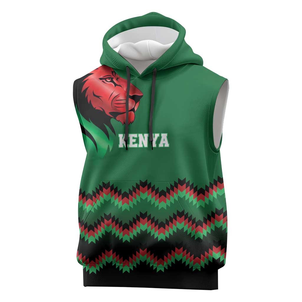 Custom Cricket Africa Kenya Sleeveless Hoodie Green Lion Head with Kenyan Pattern - African Pride