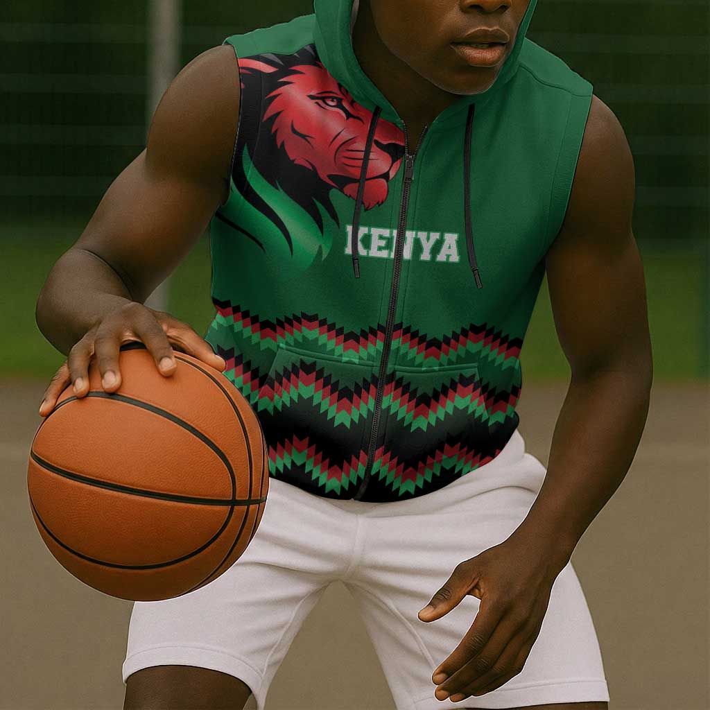 Custom Cricket Africa Kenya Sleeveless Zip Hoodie Green Lion Head with Kenyan Pattern - African Pride