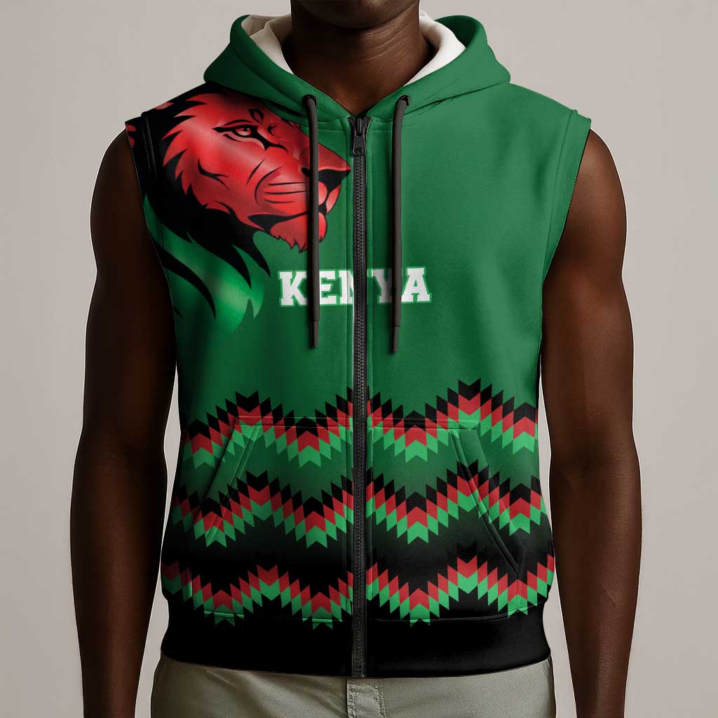 Custom Cricket Africa Kenya Sleeveless Zip Hoodie Green Lion Head with Kenyan Pattern - African Pride