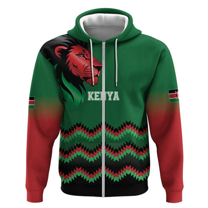 Custom Cricket Africa Kenya Zip Hoodie Green Lion Head with Kenyan Pattern - African Pride