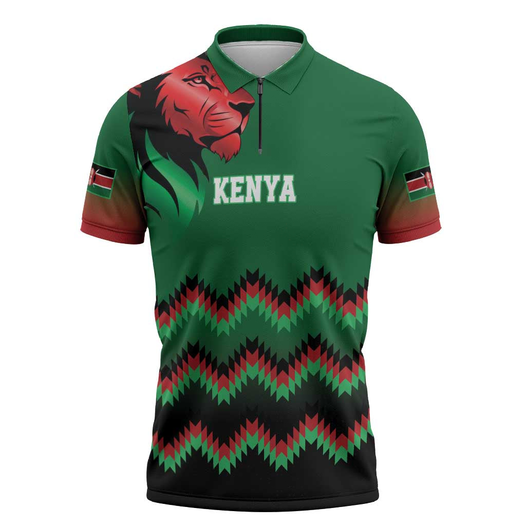 Custom Cricket Africa Kenya Zipper Polo Shirt Green Lion Head Kenyan Pattern