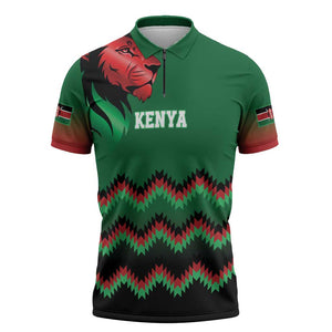 Custom Cricket Africa Kenya Zipper Polo Shirt Green Lion Head Kenyan Pattern