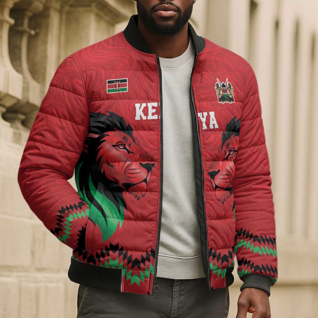 Custom Cricket Africa Kenya Bomber Puffer Jacket Red Lion Head Kenyan Pattern