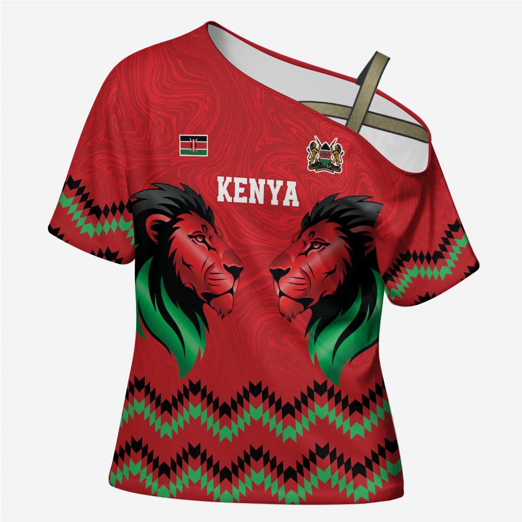 Custom Cricket Africa Kenya Cross Shoulder Shirt Red Lion Head Kenyan Pattern