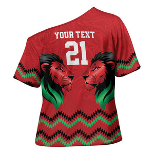 Custom Cricket Africa Kenya Cross Shoulder Shirt Red Lion Head Kenyan Pattern