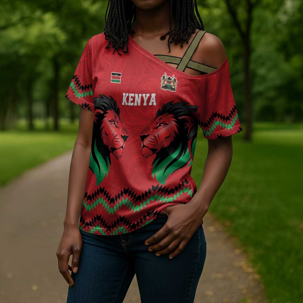 Custom Cricket Africa Kenya Cross Shoulder Shirt Red Lion Head Kenyan Pattern