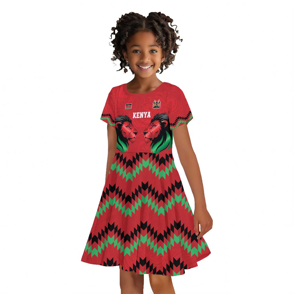 Custom Cricket Africa Kenya Kid Short Sleeve Dress Red Lion Head with Kenyan Pattern - African Pride