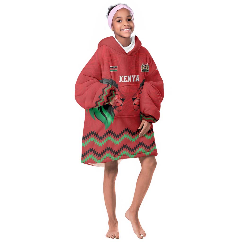 Custom Cricket Africa Kenya Kid Wearable Blanket Hoodie Red Lion Head with Kenyan Pattern - African Pride
