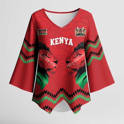 Custom Cricket Africa Kenya Kimono Sleeve Blouse Red Lion Head Kenyan Pattern