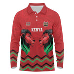 Custom Cricket Africa Kenya Long Sleeve Polo Shirt Red Lion Head with Kenyan Pattern - African Pride
