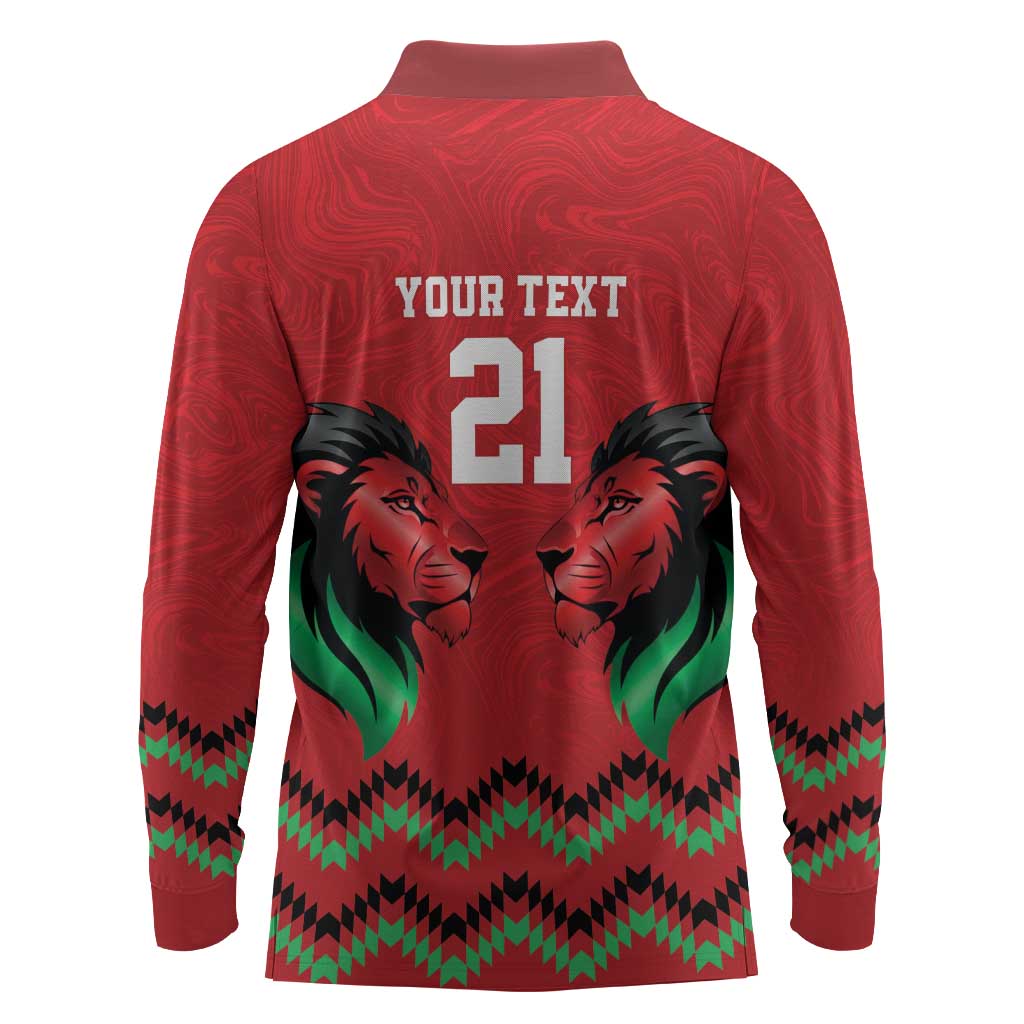 Custom Cricket Africa Kenya Long Sleeve Polo Shirt Red Lion Head with Kenyan Pattern - African Pride