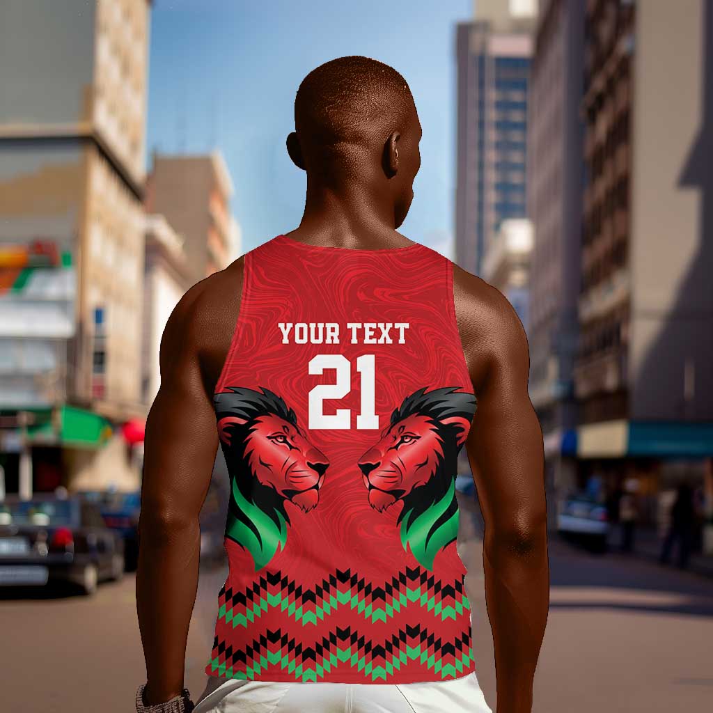 Custom Cricket Africa Kenya Men Tank Top Red Lion Head with Kenyan Pattern - African Pride